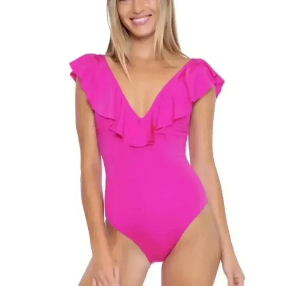 Swim One Piece Layered Ruffles Fuschia Pink M NWOT